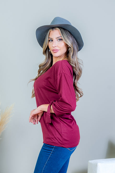3/4 Sleeve Scoop Neck Top with Tie Detail at Cuff (SK171718) - Wholesale Fashion Couture 
