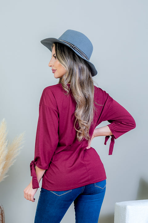 3/4 Sleeve Scoop Neck Top with Tie Detail at Cuff (SK171718) - Wholesale Fashion Couture 