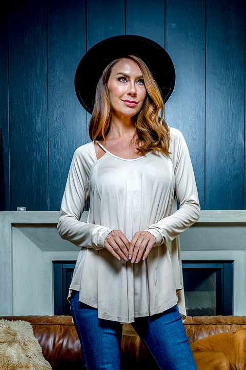 Relaxed Fit Long Sleeve Scoop Neck T-Shirt with Peek-a-Boo Shoulder Cutouts and Draped Round Hem (T5016KL) - Wholesale Fashion Couture 