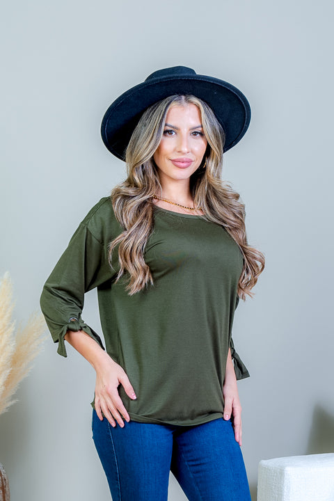 3/4 Sleeve Scoop Neck Top with Tie Detail at Cuff (SK171718) - Wholesale Fashion Couture 