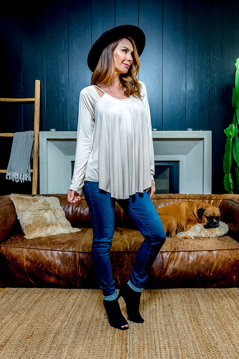 Relaxed Fit Long Sleeve Scoop Neck T-Shirt with Peek-a-Boo Shoulder Cutouts and Draped Round Hem (T5016KL) - Wholesale Fashion Couture 