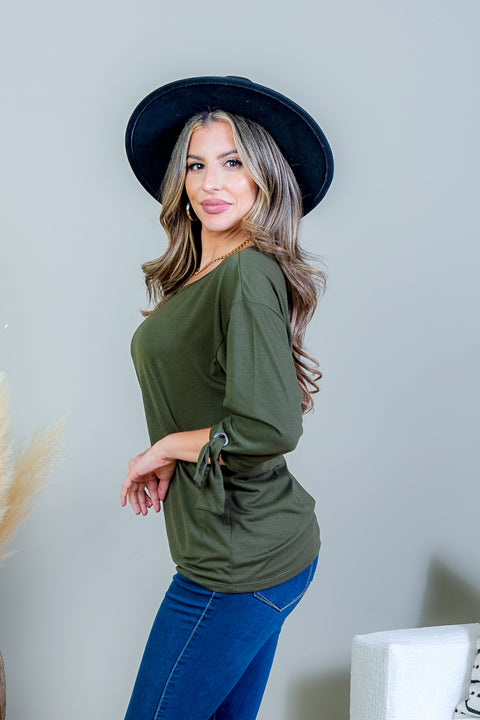 3/4 Sleeve Scoop Neck Top with Tie Detail at Cuff (SK171718) - Wholesale Fashion Couture 