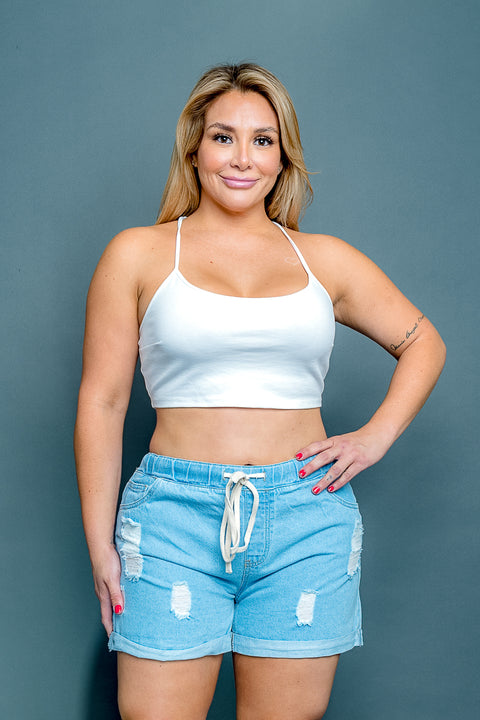 Plus Size Distressed Denim Jean Mini Shorts with Drawstring Waist and Rolled Cuff (KP950) - Wholesale Fashion Couture 
