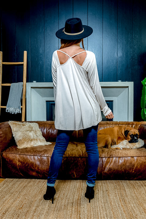Relaxed Fit Long Sleeve Scoop Neck T-Shirt with Peek-a-Boo Shoulder Cutouts and Draped Round Hem (T5016KL) - Wholesale Fashion Couture 