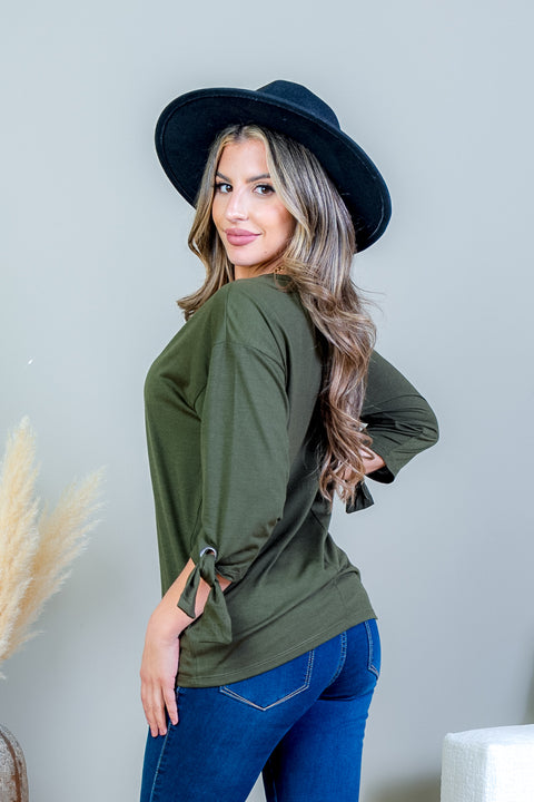 3/4 Sleeve Scoop Neck Top with Tie Detail at Cuff (SK171718) - Wholesale Fashion Couture 