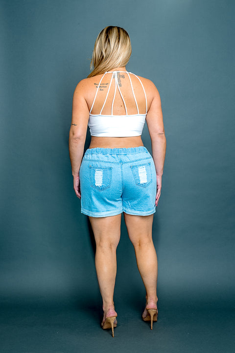 Plus Size Distressed Denim Jean Mini Shorts with Drawstring Waist and Rolled Cuff (KP950) - Wholesale Fashion Couture 