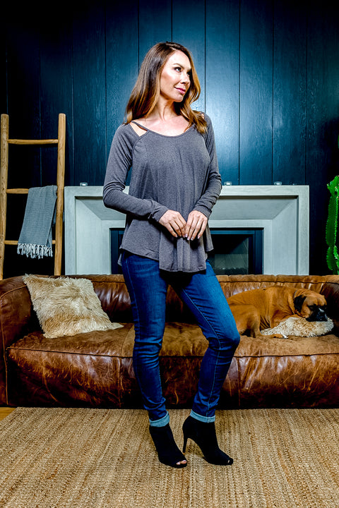 Relaxed Fit Long Sleeve Scoop Neck T-Shirt with Peek-a-Boo Shoulder Cutouts and Draped Round Hem (T5016KL) - Wholesale Fashion Couture 