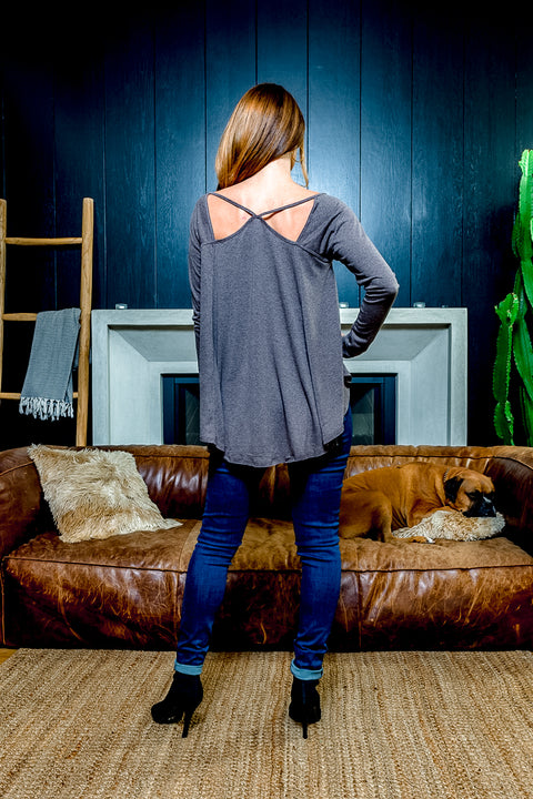 Relaxed Fit Long Sleeve Scoop Neck T-Shirt with Peek-a-Boo Shoulder Cutouts and Draped Round Hem (T5016KL) - Wholesale Fashion Couture 