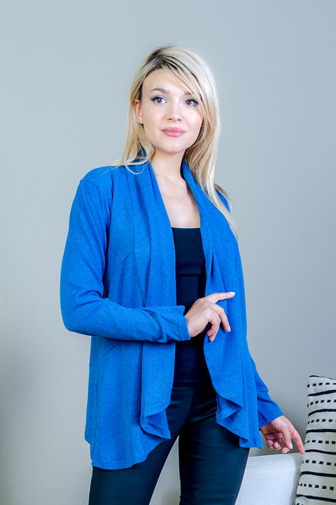 Wool Soft Long Sleeve Open Front Cardigan with Draped Lapel in Blue (FK181331) - Wholesale Fashion Couture 