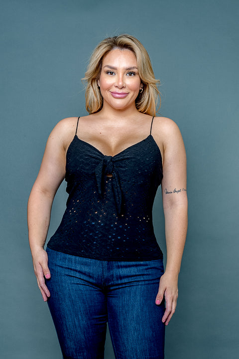 Plus Size Eyelet Poly Bow Tied V Neck Spaghetti Strap Top (ZA4538) - Wholesale Fashion Couture 