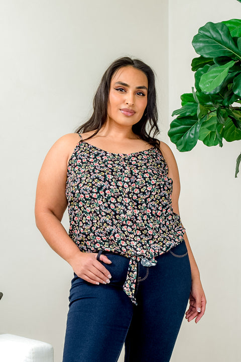 Plus Size 'Miss Daisy' Floral Print Spaghetti Strap Button Down Tank Top with Tied Front (ZB10275F1) - Wholesale Fashion Couture 