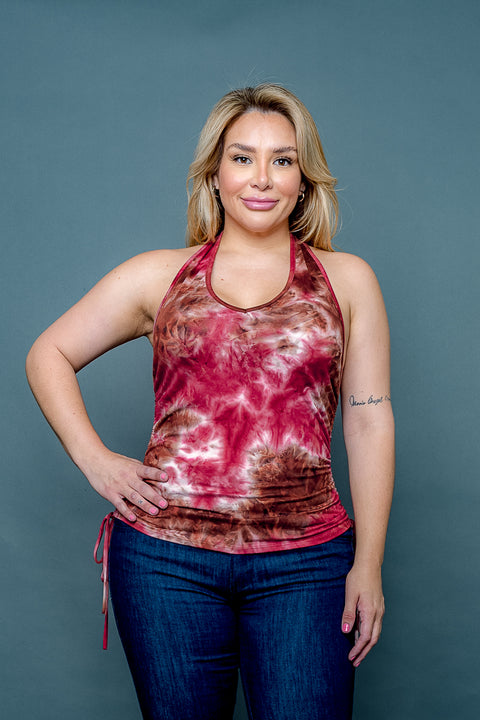 Plus Size V Neck Tie Dye Halter Top with Ruched Side Ties (ZA3890T) - Wholesale Fashion Couture 