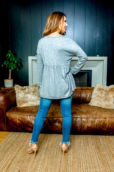 Long Sleeve Soft Knit Round Neck T-Shirt with Gathered Peplum (B1025) - Wholesale Fashion Couture 