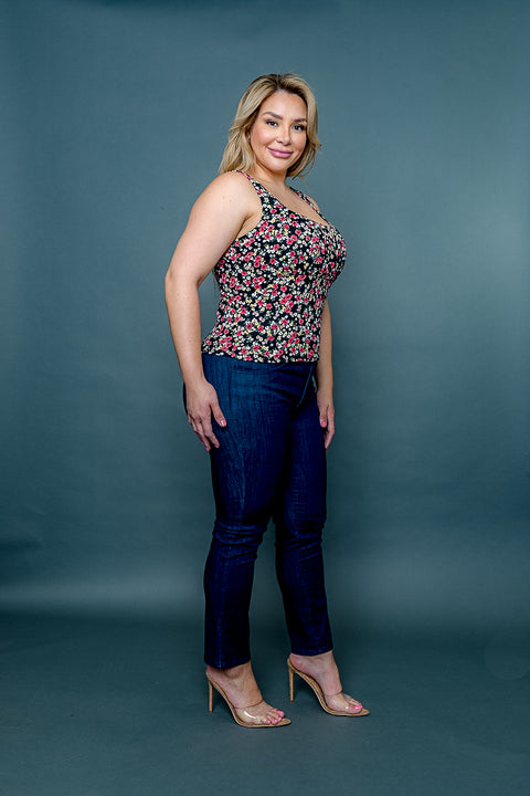 Plus Size Floral Print Square Neck Empire Bust Fitted Tank Top (ZA3973B) - Wholesale Fashion Couture 