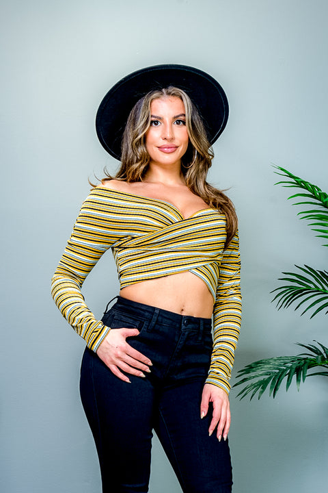 Multi Color Stripe Rib Knit Long Sleeve Off Shoulder Surplice Wrap Front Crop Top (BT7018) - Wholesale Fashion Couture 