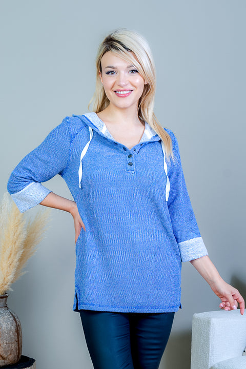 Hooded 1/4 Button Snap Pullover Sweater with Rolled Cuffs in Indigo (SK184249) - Wholesale Fashion Couture 