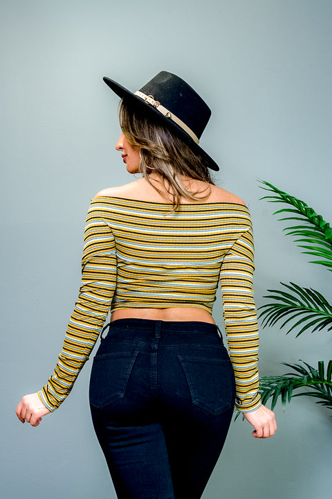Multi Color Stripe Rib Knit Long Sleeve Off Shoulder Surplice Wrap Front Crop Top (BT7018) - Wholesale Fashion Couture 
