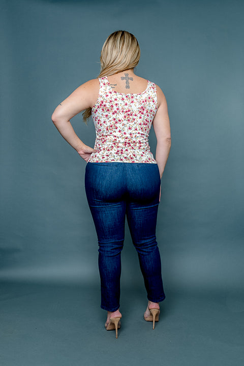 Plus Size Floral Print Square Neck Empire Bust Fitted Tank Top (ZA3973B) - Wholesale Fashion Couture 