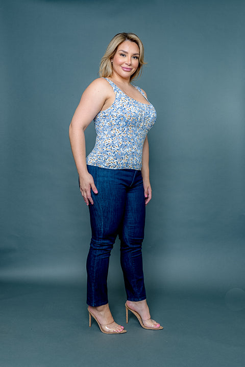 Plus Size Floral Print Square Neck Empire Bust Fitted Tank Top (ZA3973B) - Wholesale Fashion Couture 