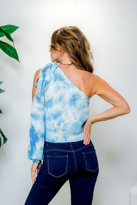 Tie Dye Cold Shoulder Mono Long Bishop Sleeve Sweater (IBT05966) - Wholesale Fashion Couture 
