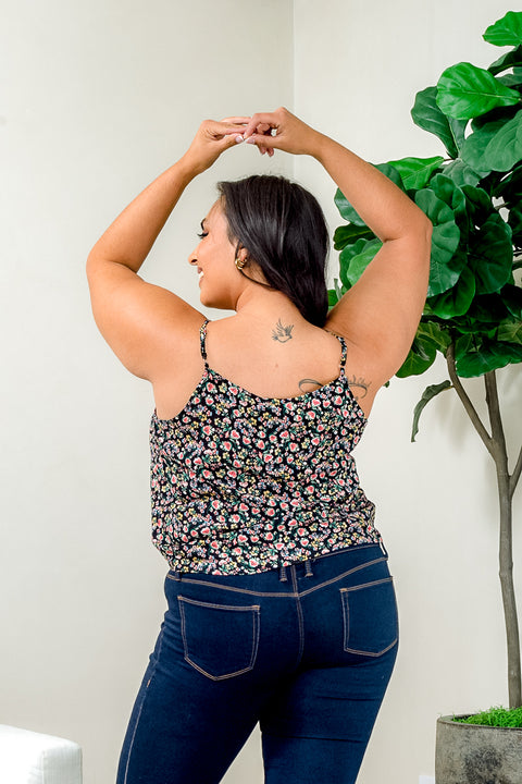Plus Size 'Miss Daisy' Floral Print Spaghetti Strap Button Down Tank Top with Tied Front (ZB10275F1) - Wholesale Fashion Couture 