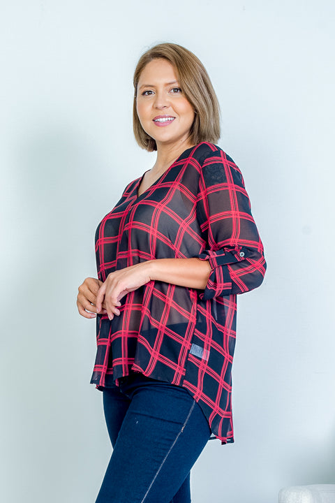 Plus Size V Neck High Low Black Sheer Plaid Shirt with 3/4 Rolled Cuff Sleeves and Pleat Yoke Back (KT4399) - Wholesale Fashion Couture 