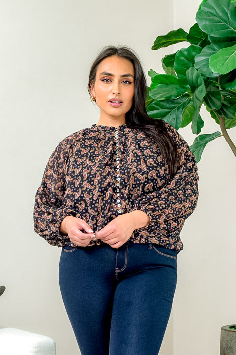'Modesty' Paisley Print Chiffon Plus Size High Neck Button Down Top with Drop Shoulder Long Balloon Sleeve (ZB11467F) - Wholesale Fashion Couture 