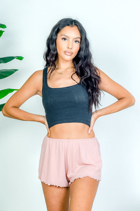 Waffle Knit Mini Shorts with Lettuce Hem (6778PY) - Wholesale Fashion Couture 