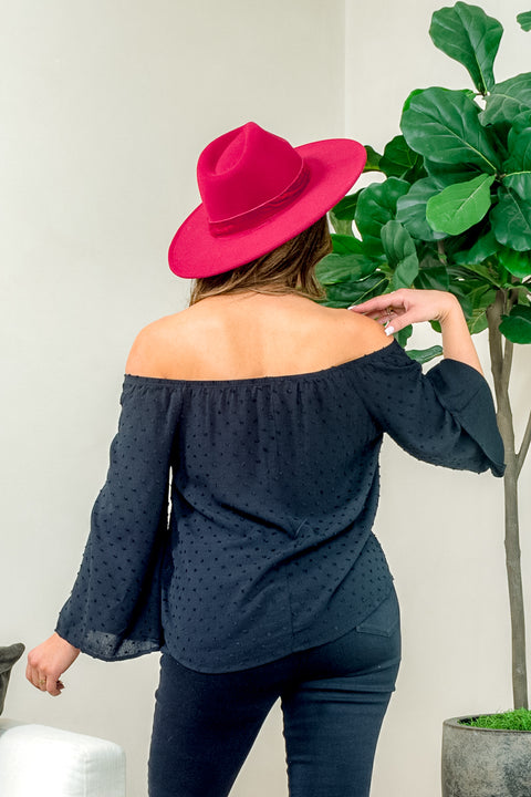 French Dot 3/4 Sleeve Off Shoulder Top with Rounded Hem (L3213) - Wholesale Fashion Couture 