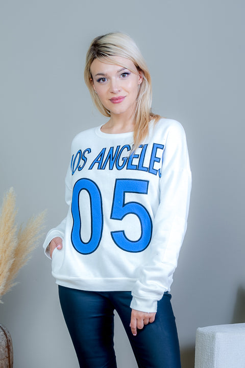 'Los Angeles 05' Embroidered Crew Neck Sweatshirt with Quilted Elbow Patches in White & Blue (FT5219T) - Wholesale Fashion Couture 