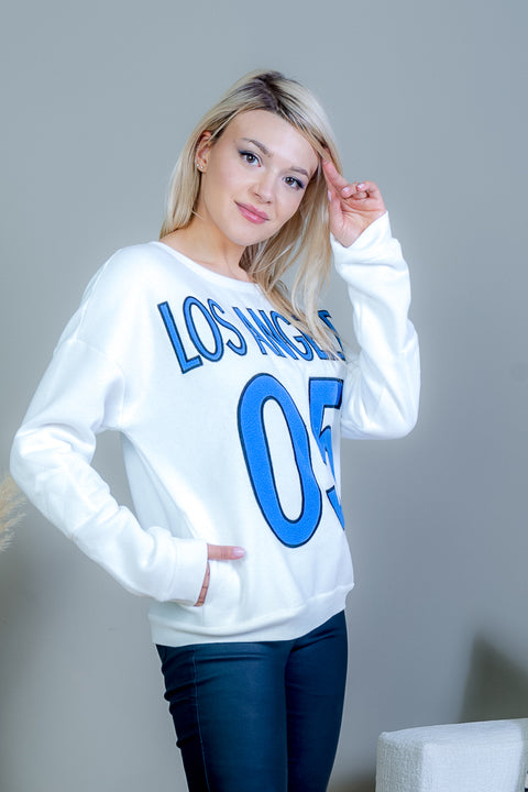'Los Angeles 05' Embroidered Crew Neck Sweatshirt with Quilted Elbow Patches in White & Blue (FT5219T) - Wholesale Fashion Couture 