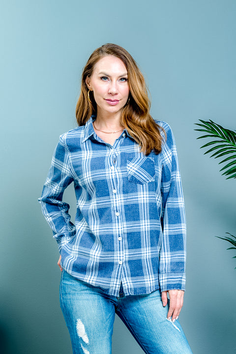 Plaid Pendleton Style Button Down Shirt with Front Patch Pockets in Blue & White (SPIRIT) - Wholesale Fashion Couture 