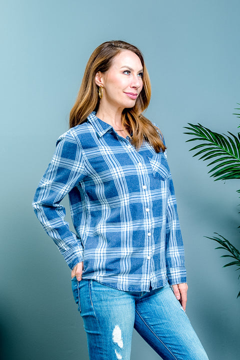 Plaid Pendleton Style Button Down Shirt with Front Patch Pockets in Blue & White (SPIRIT) - Wholesale Fashion Couture 