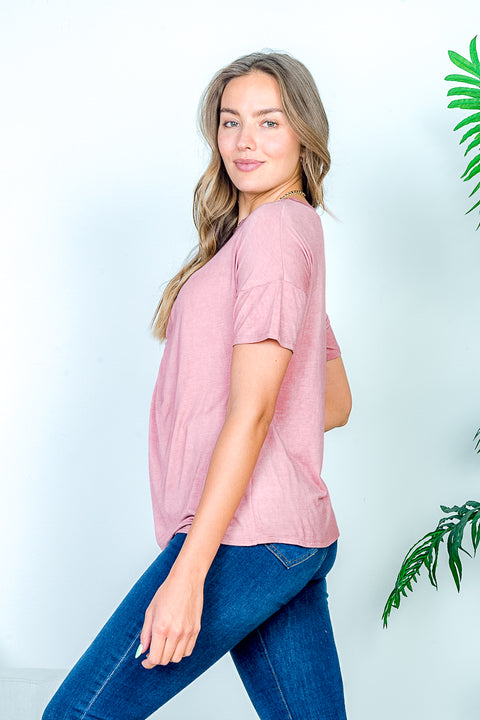Relaxed Fit Keyhole Crew Neck Short Sleeve Tee with Cutout V Plunge Twist Tied Front (HT8032) - Wholesale Fashion Couture 