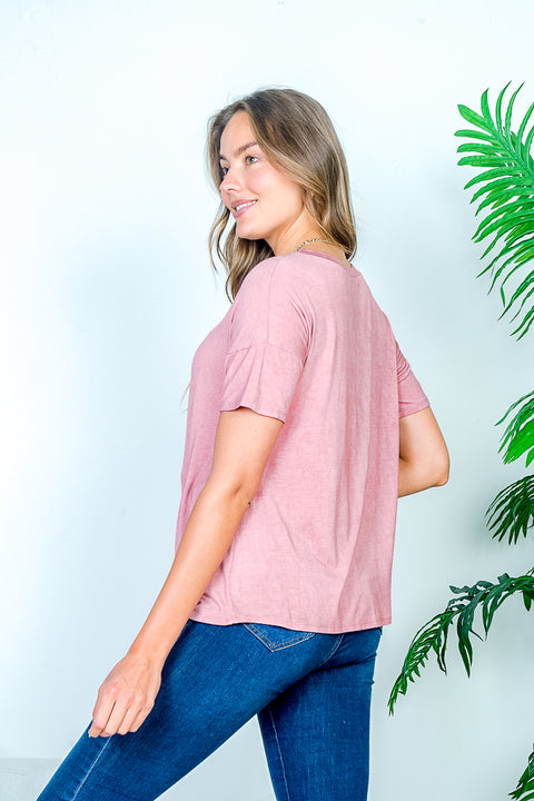 Relaxed Fit Keyhole Crew Neck Short Sleeve Tee with Cutout V Plunge Twist Tied Front (HT8032) - Wholesale Fashion Couture 