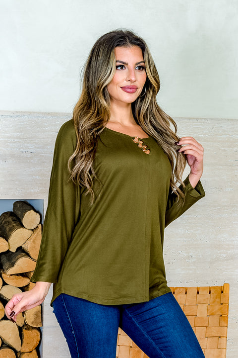 Long Sleeve Triple Gold Ringed Keyhole Top with Dolphin Hem (FK181336) - Wholesale Fashion Couture 