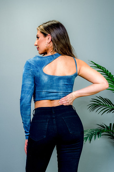 2 PC Set - Faded Faux Denim Sublimated Print Monoshoulder Long Sleeve Sling Style Crop Top and High Waist Biker Shorts (BT10484_BT1890-3) - Wholesale Fashion Couture 