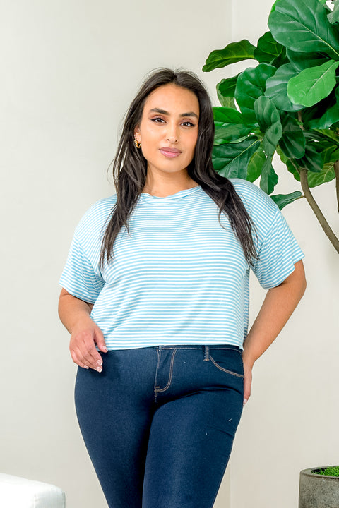 Plus Size Stripe Drop Shoulder Round Neck Crop Top in Baby Blue & White (PT16263-073) - Wholesale Fashion Couture 