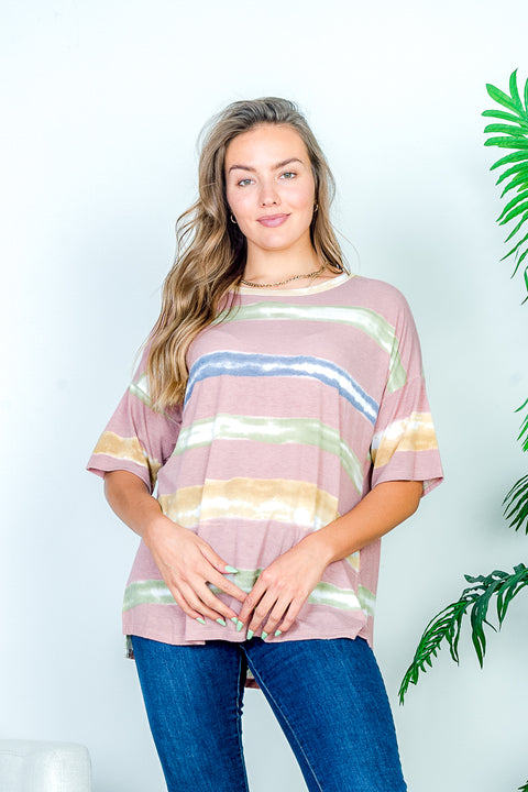 Soft Touch Drop Shoulder Multi Color Paint Stripe Print Short Sleeve Tee (HT10982) - Wholesale Fashion Couture 