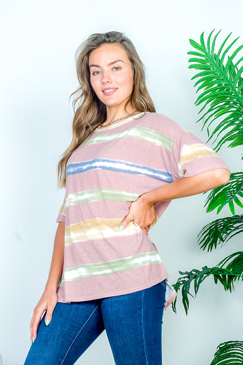 Soft Touch Drop Shoulder Multi Color Paint Stripe Print Short Sleeve Tee (HT10982) - Wholesale Fashion Couture 