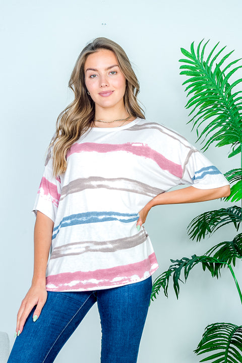 Soft Touch Drop Shoulder Multi Color Paint Stripe Print Short Sleeve Tee (HT10982) - Wholesale Fashion Couture 