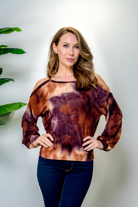 Tie Dye Cold Shoulder Mono Long Bishop Sleeve Sweater (BT91190) - Wholesale Fashion Couture 