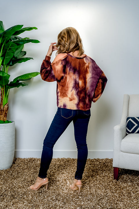 Tie Dye Cold Shoulder Mono Long Bishop Sleeve Sweater (BT91190) - Wholesale Fashion Couture 