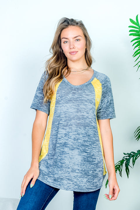 Rounded V Neck Short Raglan Sleeve with Yellow Stripes at Sides and Dolphin Hem in Heather Grey (HT9216) - Wholesale Fashion Couture 