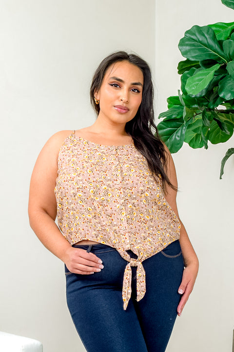 Plus Size 'Miss Daisy' Floral Print Spaghetti Strap Button Down Tank Top with Tied Front (ZB10275F1) - Wholesale Fashion Couture 