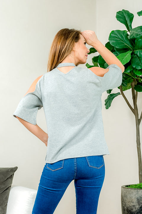 Cold Shoulder 3/4 Sleeve Choker Style Keyhole V Neck Top with Side Vents (VIT7578) - Wholesale Fashion Couture 