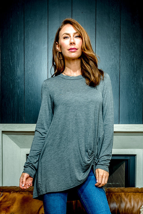 Relaxed Fit Long Sleeve T-Shirt Top with Asymmetrical Gathered Twist at Hem (MT5002) - Wholesale Fashion Couture 