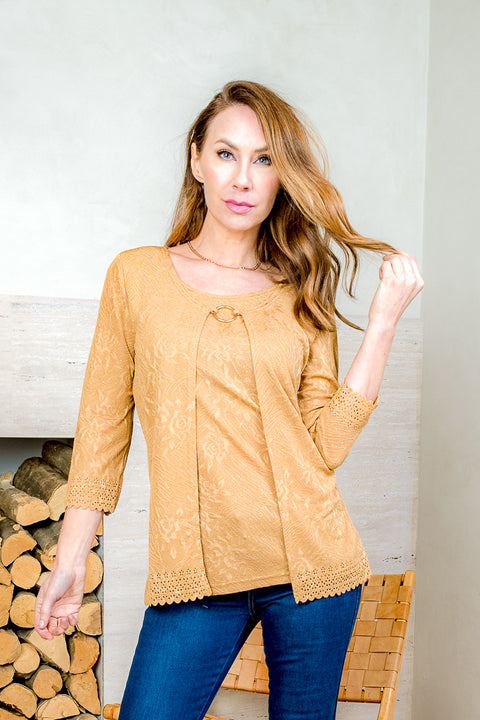 3/4 Sleeve Ring Front Cardigan with Layered Insert and Perforated Decorative Scalloped Hem in Gold (SJ171759SHM) - Wholesale Fashion Couture 