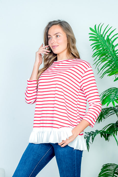 Boat Neck 3/4 Sleeve Striped Tee with White Contrast Box Pleat Ruffle Hem* (HT7859) - Wholesale Fashion Couture 