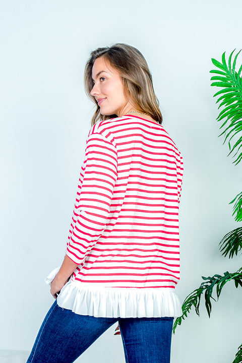 Boat Neck 3/4 Sleeve Striped Tee with White Contrast Box Pleat Ruffle Hem* (HT7859) - Wholesale Fashion Couture 